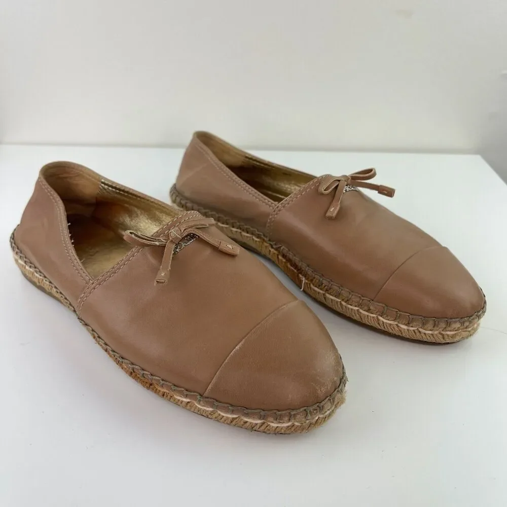 PRADA Light Brown Beige Leather Bows Trim Espadrilles Shoes Women’s 39.5 CLASSIC